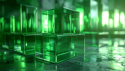 Emerald Cubes: An artful composition of translucent emerald cubes glistening, poised against a subtly blurred backdrop, the scene exudes a sense of modern sophistication and refined aesthetics.