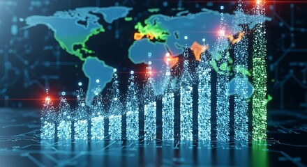 Global Economic Growth Visualization with Digital Bar Graph and World Map.