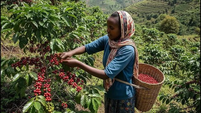 Coffee harvesting in Ethiopia with workers picking cherries from plants in the fields surrounded by hills and trees