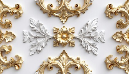 ornate antique architectural elements, decorative carvings, stucco molding, and ceiling decorations in baroque and rococo styles for luxury design.