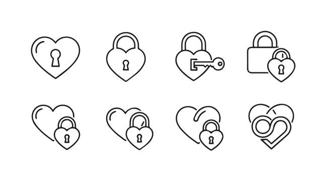 Collection of heart shaped lock and key icons silhouette