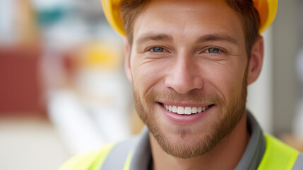 Faceless portrait of happy smiling confident construction worker, professional tradesperson, industrial site employee, positive attitude worker, safety equipment visible, defocused