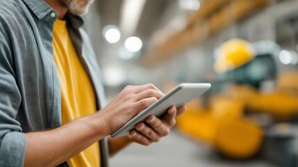 Obraz premium Faceless industrial worker male senior in helmet holds tablet computer on background of production of excavator factory, digital technology integration, manufacturing facility, def