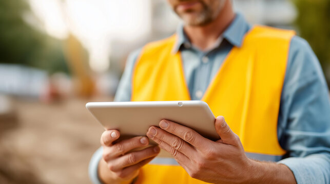Faceless man in yellow vest looking at tablet device, construction site digital management, mobile technology integration, civil engineering professional, defocused worker with dev