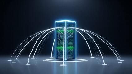 A futuristic, sleek server rack glowing with green and blue light, centrally positioned and connected by sweeping data transfer lines against a dark, secure environment.