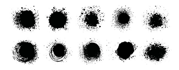Grunge dot strokes with grainy and dust effect. Vector abstract dotwork with dirty texture. Stains and blots, messy and dirty blots left from aerosol. Sprayed grungy drawing graffiti ink or street art