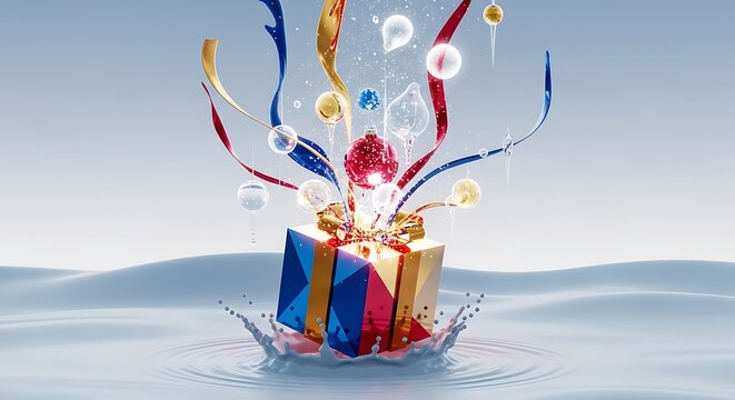 Vibrant surprise gift box exploding with colorful ribbons in a water splash.