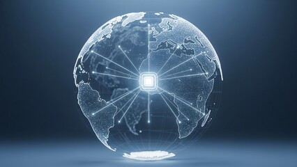 A glowing central CPU core inside a digital wireframe globe, emitting light rays that connect to the earth's surface, signifying global AI or central processing.