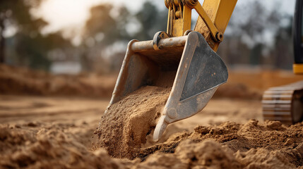Closeup of excavator bucket digging into earth at construction site, heavy machinery operation detail, ground excavation work, industrial equipment action, soil displacement, const