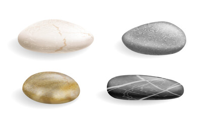 Beach pebbles, sea or coast smooth rocks. Vector realistic style, isolated set of natural minimalist stones for massage, zen and meditation, garden design. Gravel mineral texture and round shape