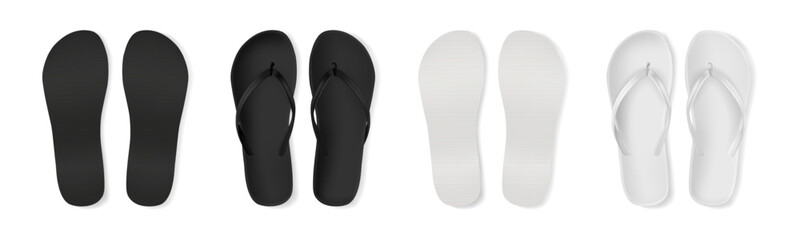 Naklejka premium Flip flops for summer beach, isolated set of warm season footwear and stylish clothes accessories. Vector rubber slippers for outdoors. Slippers or pluggers, view from up and shoes soles