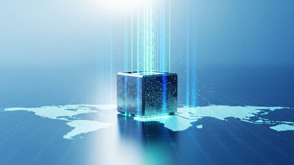 Futuristic metallic cube on a light-blue world map, emitting glowing vertical data beams, representing global digital information processing
