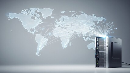 Physical server tower emitting white light and connection lines that trace a dotted world map silhouette on a clean, bright gray background, global data transmission.