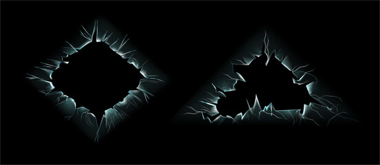 Frameworks with broken glass effect. Vector isolated empty geometric frames with crackles and sharp edges of crystalline surface. Rhombus and triangle shapes of broken glazing or transparent panel