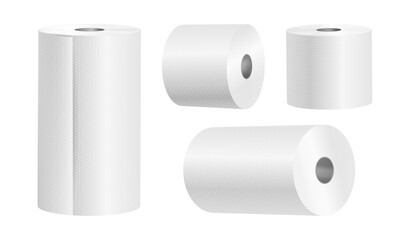 Rolls of toilet papers and kitchen tissues, various views. Vector realistic cylindrical towels for personal hygiene, cleaning and drying hands. Organic material for bathroom and cooking area