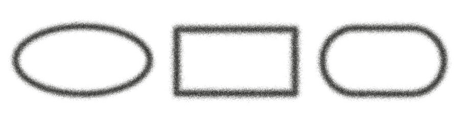 Frames with grain texture, isolated set of geometric shaped borders with stipple sand effect. Vector spraying of fine particles in form of ellipse and rectangle, framework gradient from dots