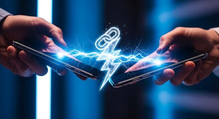 Man hand holding a bright digital tablet displaying a blue, global business network concept illustration