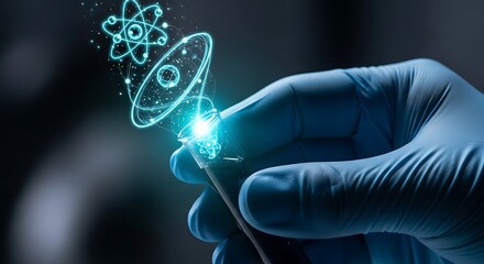 Abstract futuristic medical background with a glowing blue X-ray of the human hand, illustrating bone injury and pain in the joint