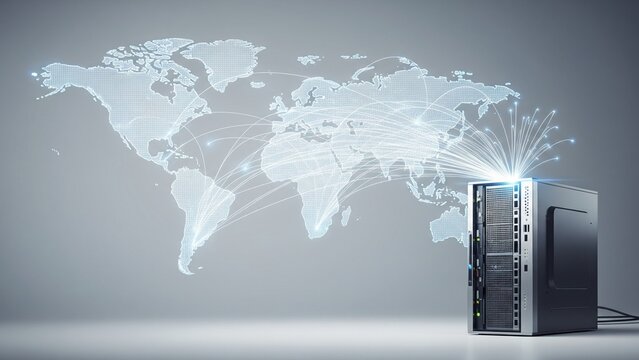 Physical server tower emitting white light and connection lines that trace a dotted world map silhouette on a clean, bright gray background, global data transmission. - Powered by Adobe