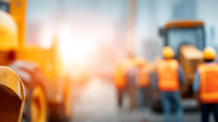 Construction site with machinery and faceless workers, heavy equipment and personnel, industrial development zone, civil engineering project, building site activity, defocused team