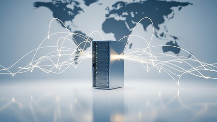 Sleek, silver server rack emitting bright, curved white data stream lines, set against a blurred world map backdrop, symbolizing high-capacity data transfer.