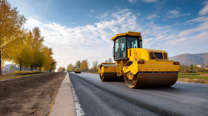 Road construction equipment preparing surface, pavement development work, civil engineering project, street infrastructure improvement, building site operations, industrial develop