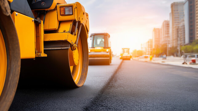 Road construction equipment preparing surface, pavement development work, civil engineering project, street infrastructure improvement, building site operations, industrial develop