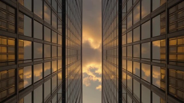 Aerial footage showcasing an abstract symmetrical perspective between two glass buildings. 