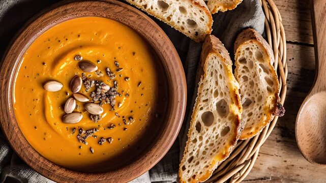 Rustic bowl of creamy pumpkin soup topped with seeds, served with artisan bread slices on a wooden table, creating a warm and cozy homemade food scene. Pumpkin soup in a bowl