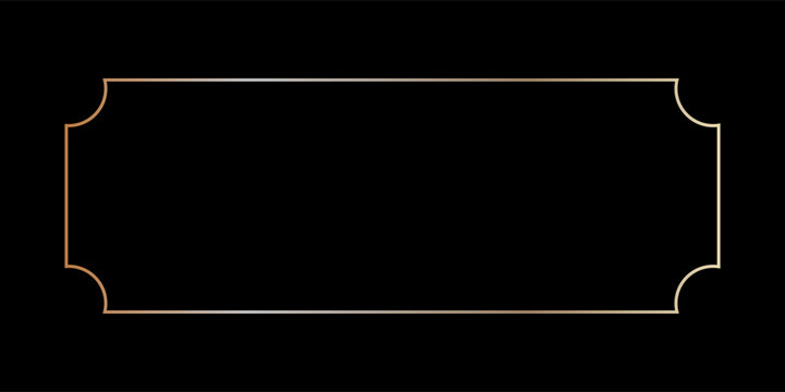 Thin golden frame with round corners in art deco style. Vintage gold border. Linear shining rectangle shape. Brass glowing shiny boarder element pack. Vector illustration isolated on black background.