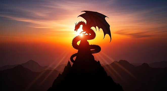 Dragon Silhouette on Mountain Peak at Sunset with Golden Sky.