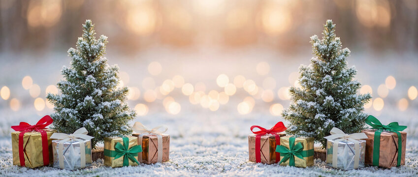 Snow covered christmas trees with festive gift boxes and glowing holiday lights in a serene winter landscape background