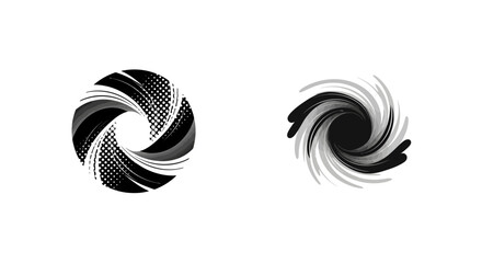 Two abstract black and white spiral designs with a dynamic, swirling motion.
