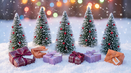 Snowy christmas trees with colorful wrapped gifts and falling snowflakes against festive blurred holiday lights at wintertime celebration