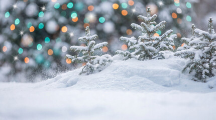 Snow covered evergreen trees in soft winter landscape with falling snowflakes and colorful festive lights glowing in the background