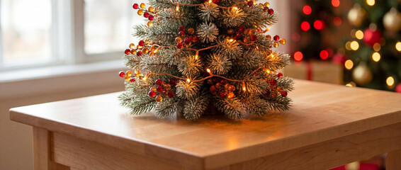 Snow covered mini christmas tree with warm fairy lights and red berries on wooden table in cozy softly lit living room