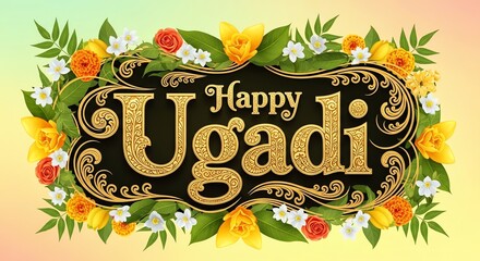 Happy Ugadi greeting with floral decoration
