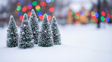Miniature snow covered evergreen trees decorated with red ornaments outdoors in winter, colorful holiday lights blurred in background