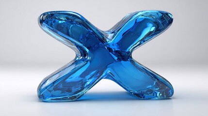 Abstract blue glass letter x 3d render, transparent liquid concept design