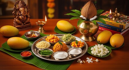 Indian religious offering with mangoes and coconut