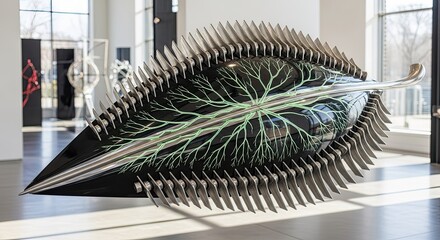 Striking Metal Leaf Sculpture with Vein Detailing Displayed in Modern Gallery Space