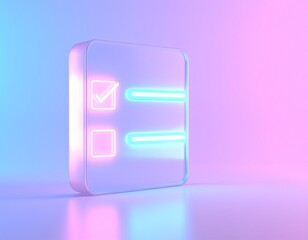 Checklist, to-do list, incomplete, Glossy white icon, vector like 3d illustration isolated on pink background, reflections, illuminated tasks with colorful light
