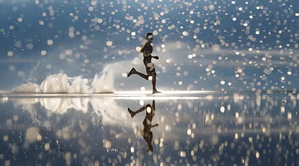 Silhouette of runner sprinting across water with magical bokeh light effects and reflection