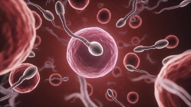 realistic 3D animation showing the egg cell surrounded by sperm cells moving dynamically in a fluid environment
