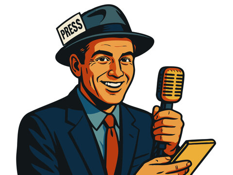 smiling male reporter in a suit and press hat, holding a microphone and notepad. Generative ai vector colorful pop art illustration.