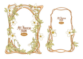 Set of art nouveau frames with floral ornaments, elegant botanical motifs and vintage decorative elements. Perfect for invitations, wedding cards, Victorian borders. Vector illustration, hand drawn.