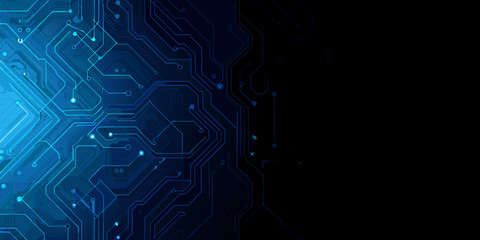 Abstract blue circuit board pattern with a dark gradient background