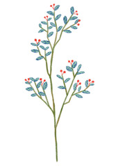 A minimalist, hand-drawn illustration of a slender plant branch featuring deep blue-green leaves and small, vibrant red berries. Perfect for use as a decorative border, background, or accent.