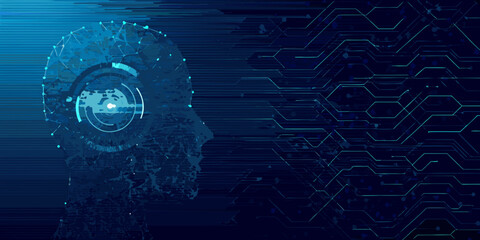 Digital human head with technological circuits and glowing central focus point