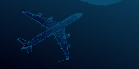 A low angle view of an airplane depicted as a blue wireframe design